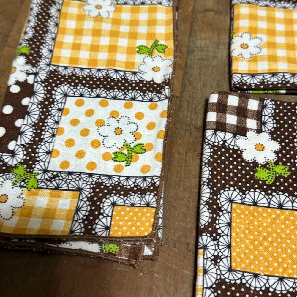 Vintage Brown and Yellow Floral Patchwork Napkins Set of 6